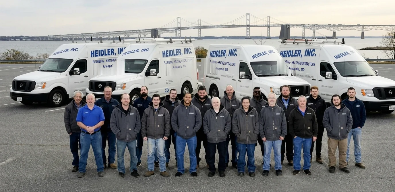The Heidler, Inc. crew standing with the company van fleet in Annapolis, the Chesapeake Bay Bridge behind them