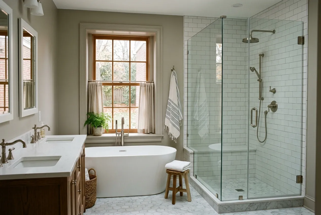 Finished bathroom remodel in an Annapolis colonial home with subway tile shower and freestanding tub