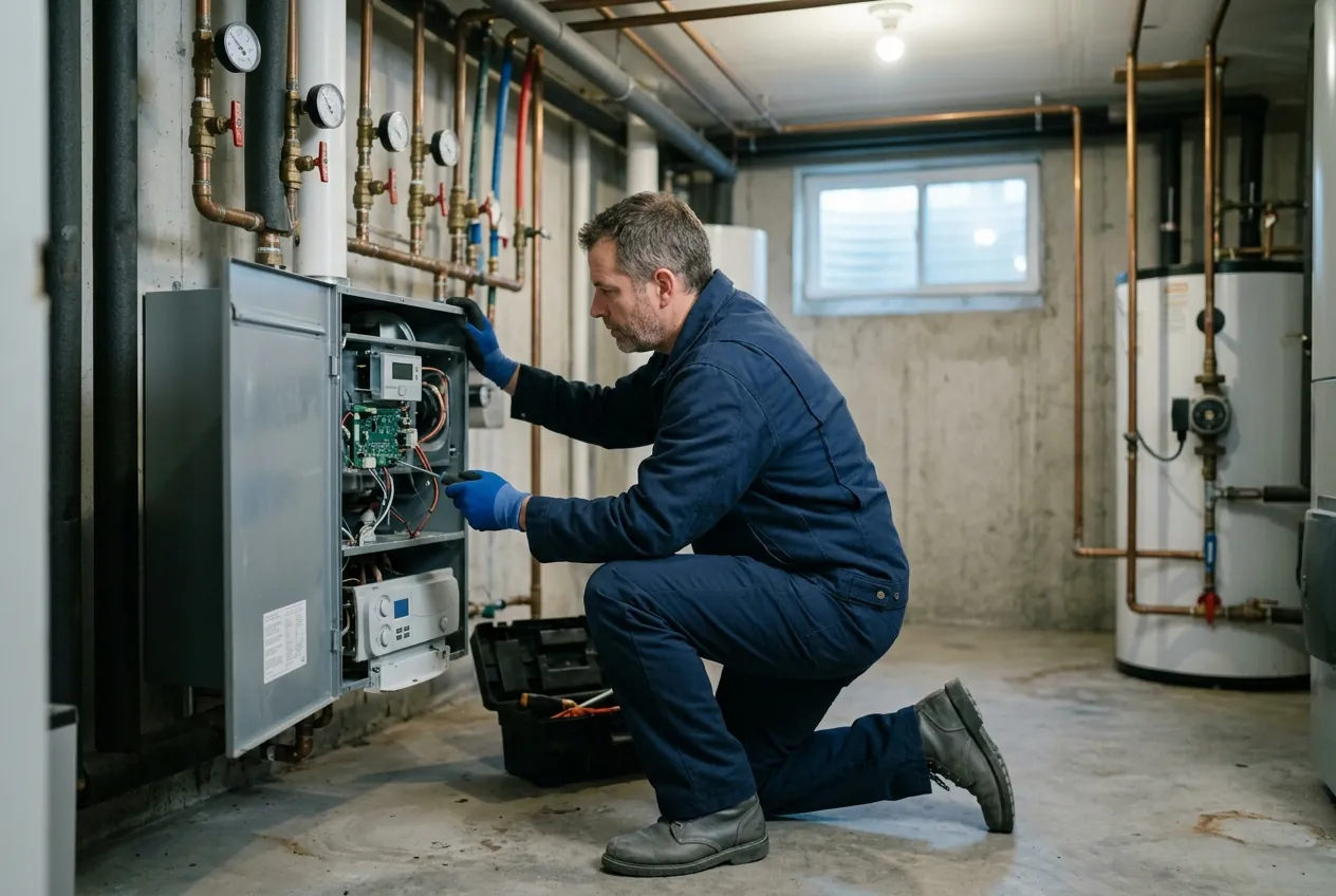 Heidler technician commissioning a newly installed residential boiler in Annapolis