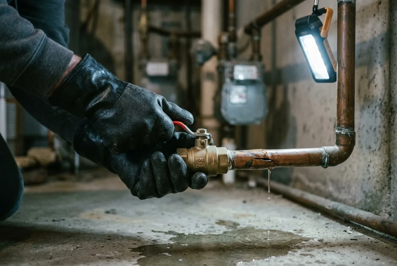 Plumber shutting off the main water valve on a burst copper pipe during an emergency call