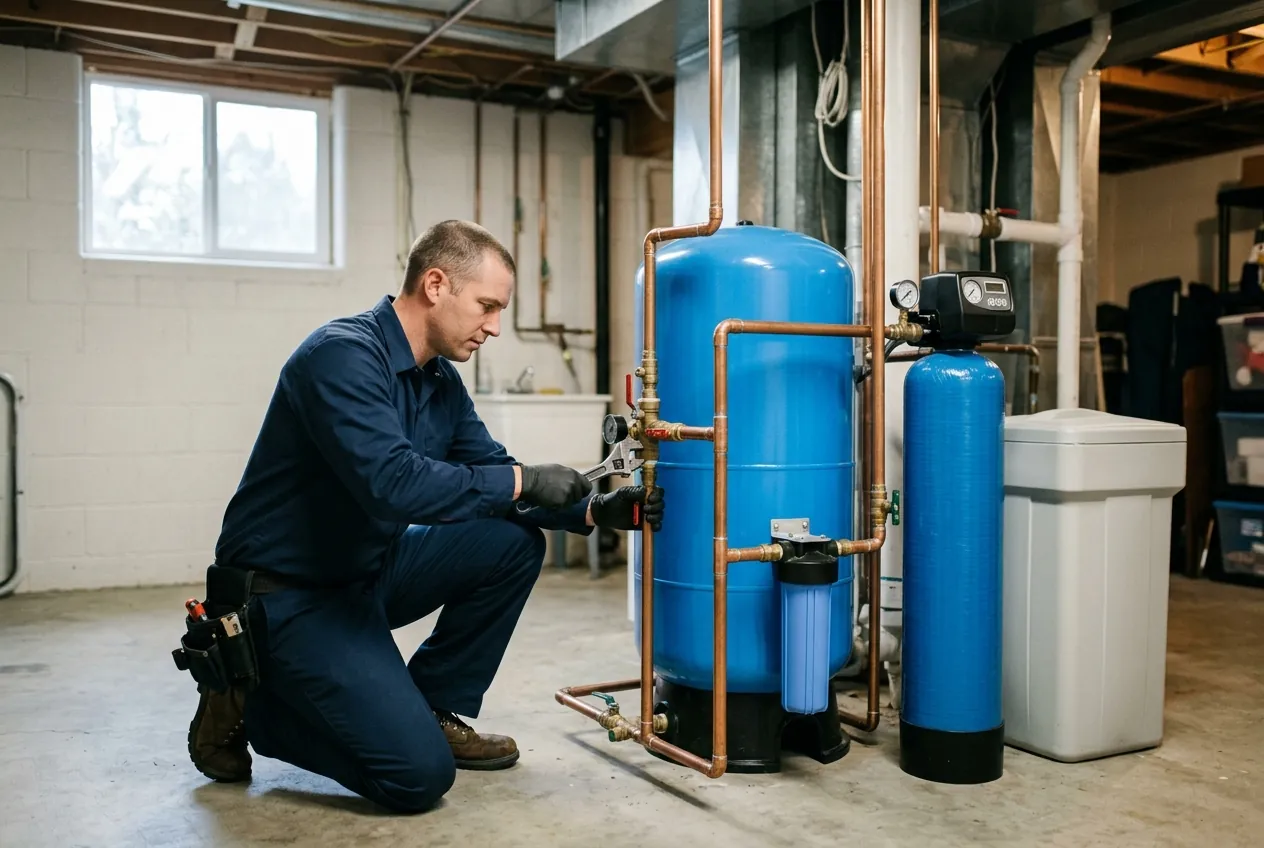 Heidler technician servicing a whole-home water treatment system in an Annapolis basement