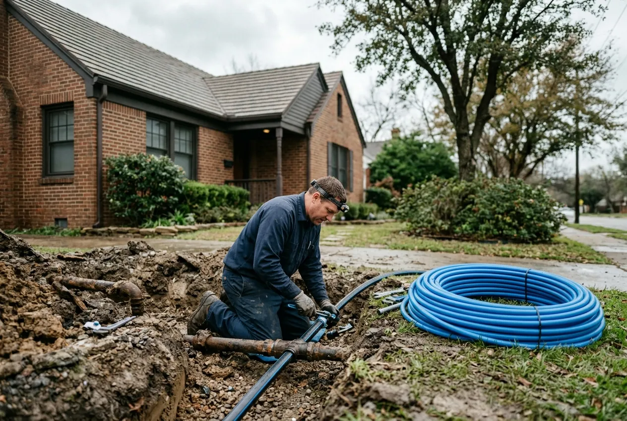 Main water line replacement excavation in an Annapolis front yard with new pipe ready