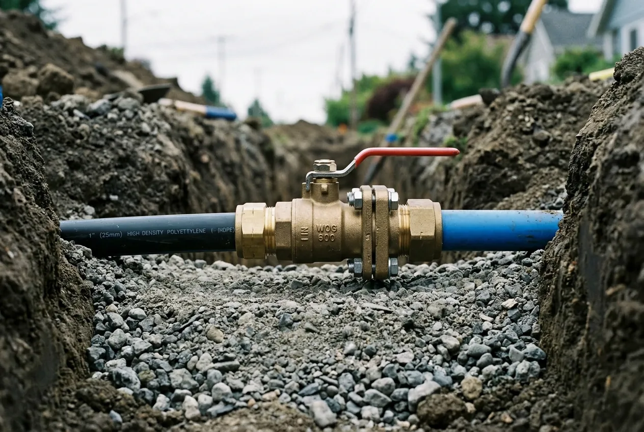New main water line and shutoff valve fitted in a neat trench